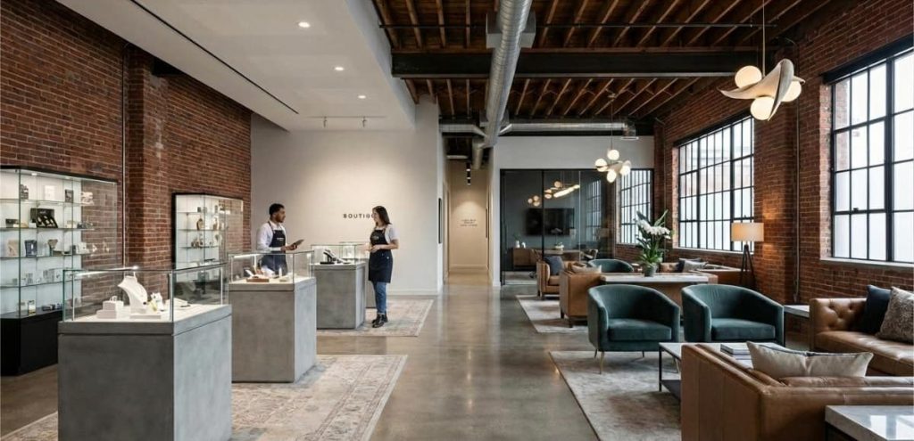 Modern industrial chic jewelry boutique interior