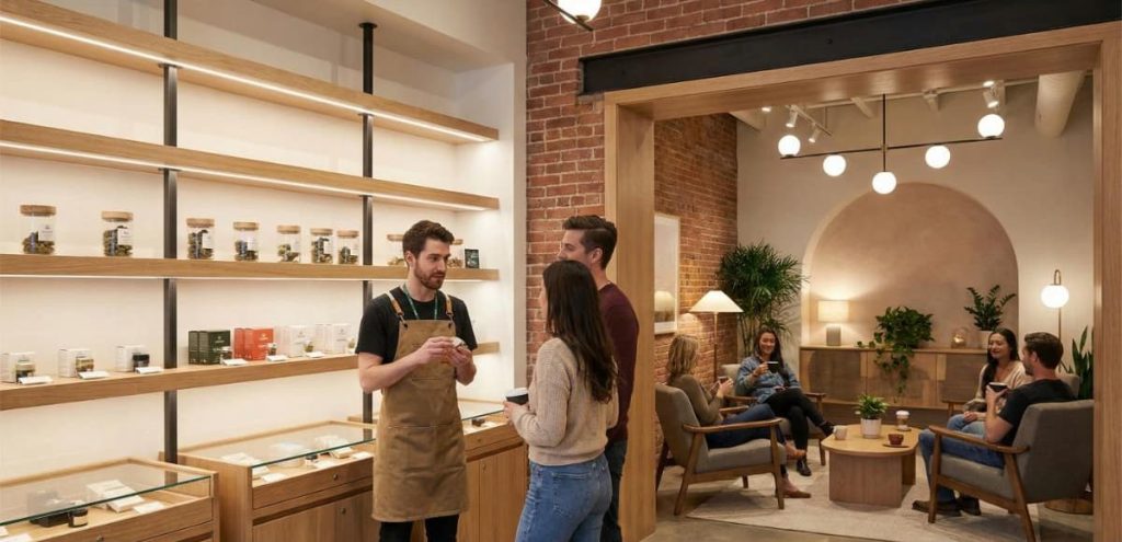 Professional cannabis dispensary staff assisting customers